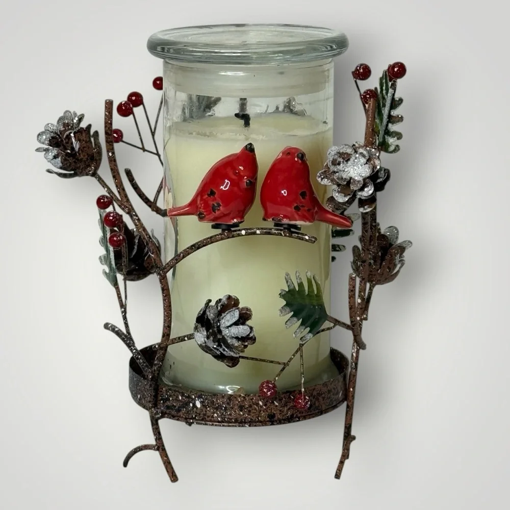 Large Pillar Metal Candle Holder With Ceramic Red Cardinal Birds Pinecones